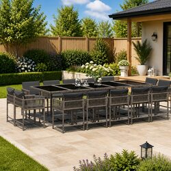 15 Piece Garden Dining Set Outdoor Furniture Grey Poly Rattan Chairs Table