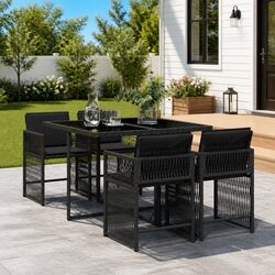5 Piece Outdoor Garden Dining Set Black Poly Rattan Chairs Tempered Glass Table