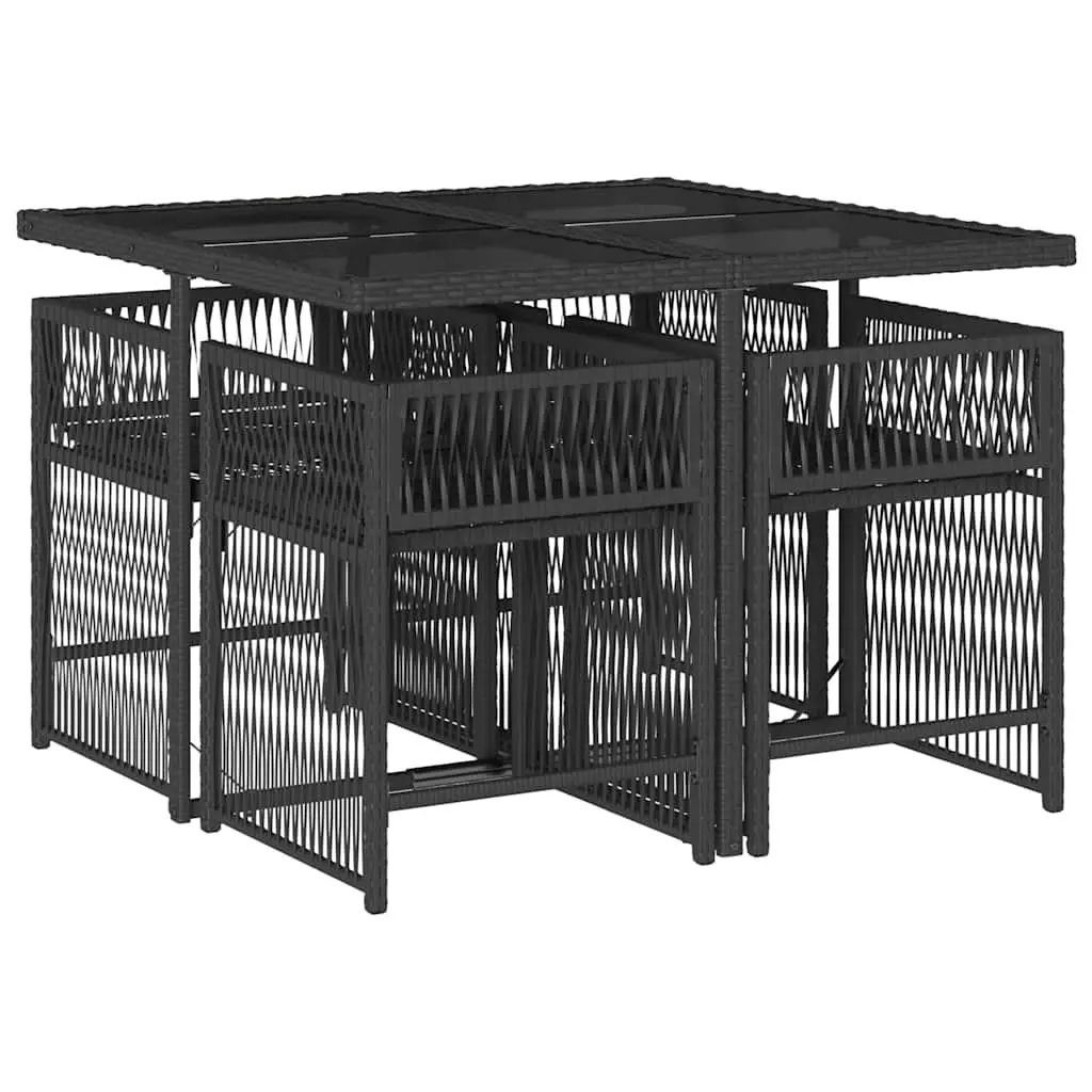 5 Piece Outdoor Garden Dining Set PE Rattan Black Tempered Glass Table
