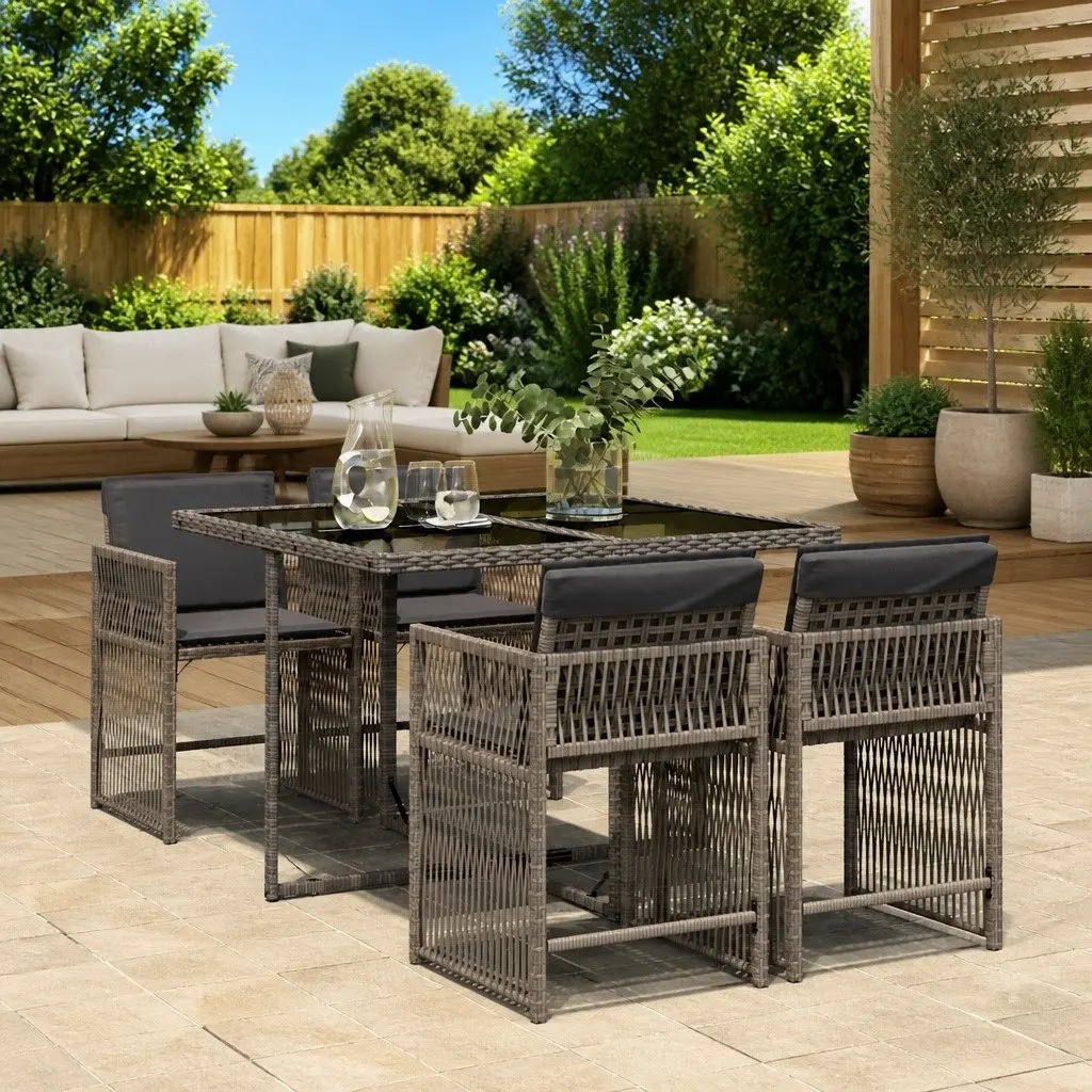 Garden Dining Set PE Rattan 5 Piece Grey Cushions Table