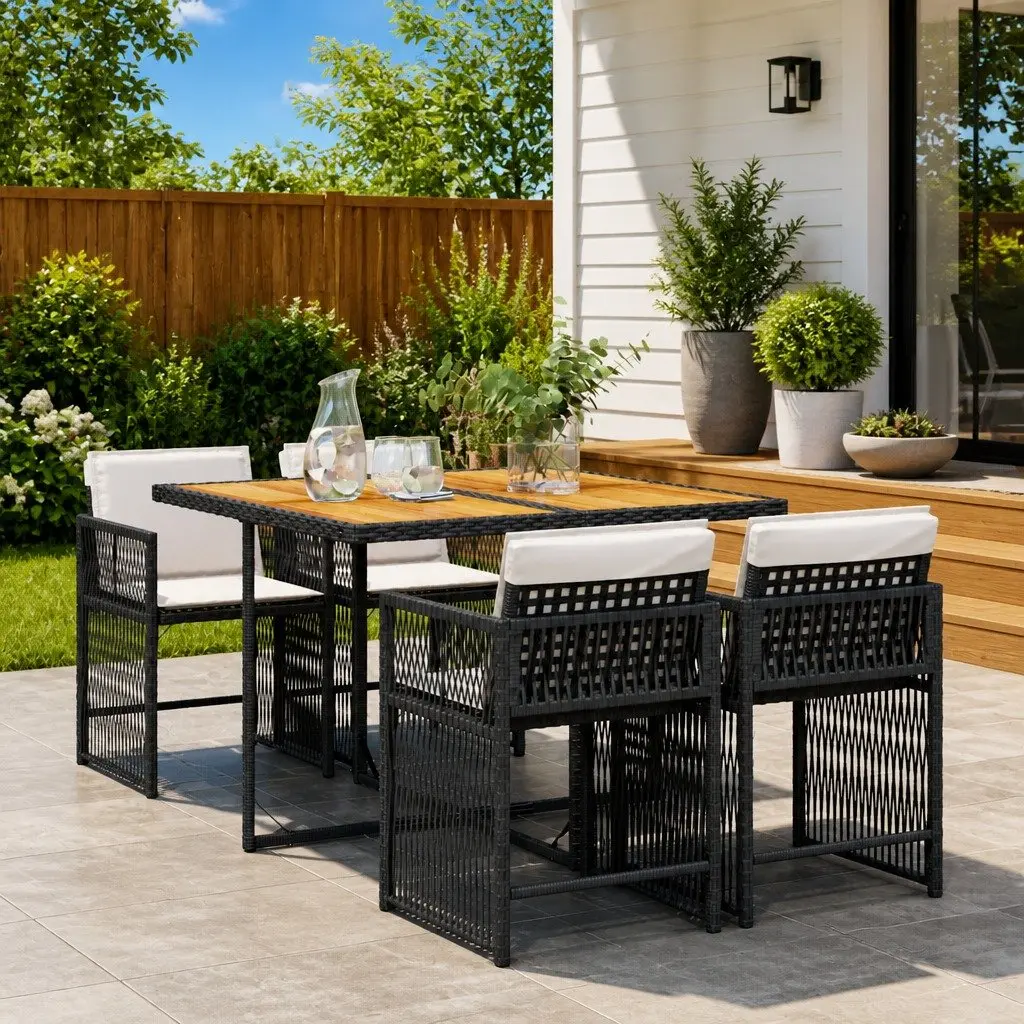 Garden Dining Set 5 Piece Poly Rattan Acacia Wood Table Black Outdoor Patio Furniture
