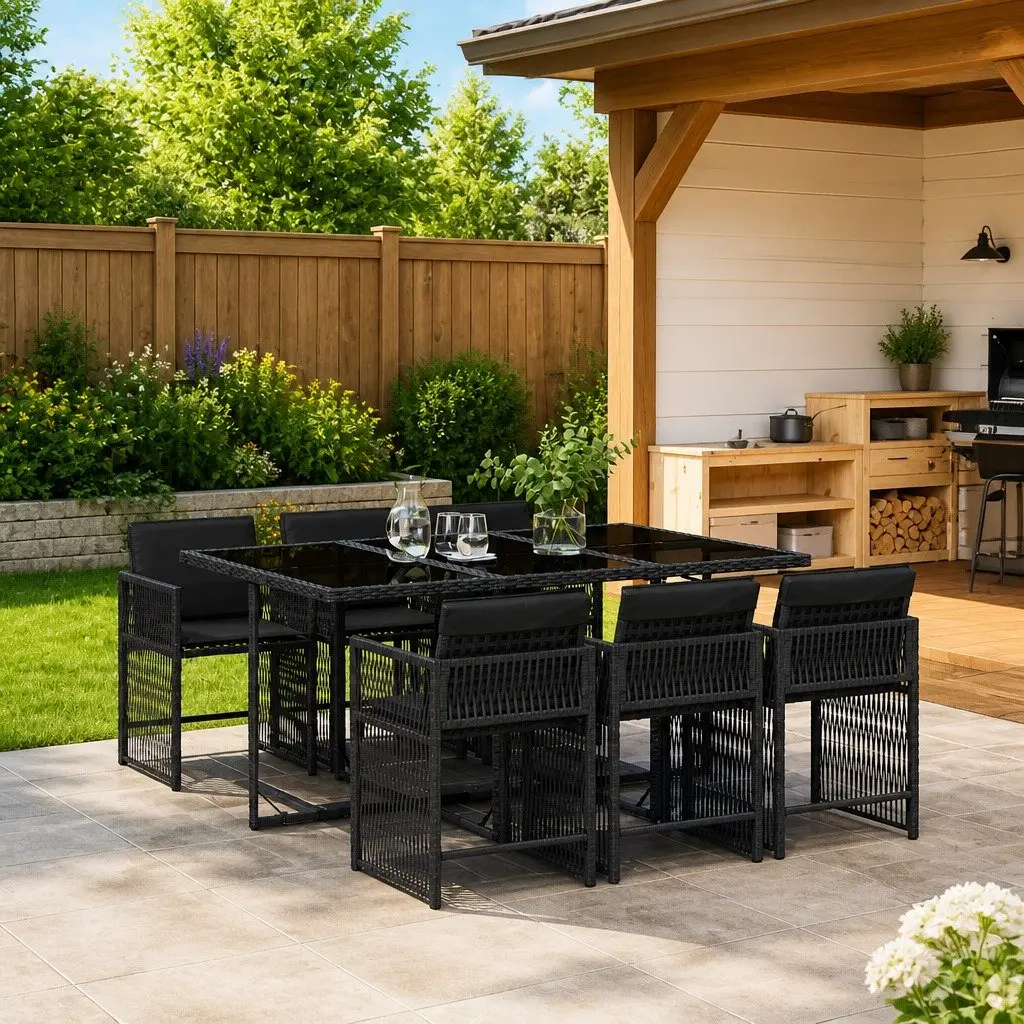7 Piece Outdoor Dining Set PE Rattan Garden Furniture with Cushions Black
