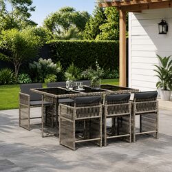 Garden Dining Set 7 Piece Outdoor Furniture with Cushions Grey Poly Rattan Table