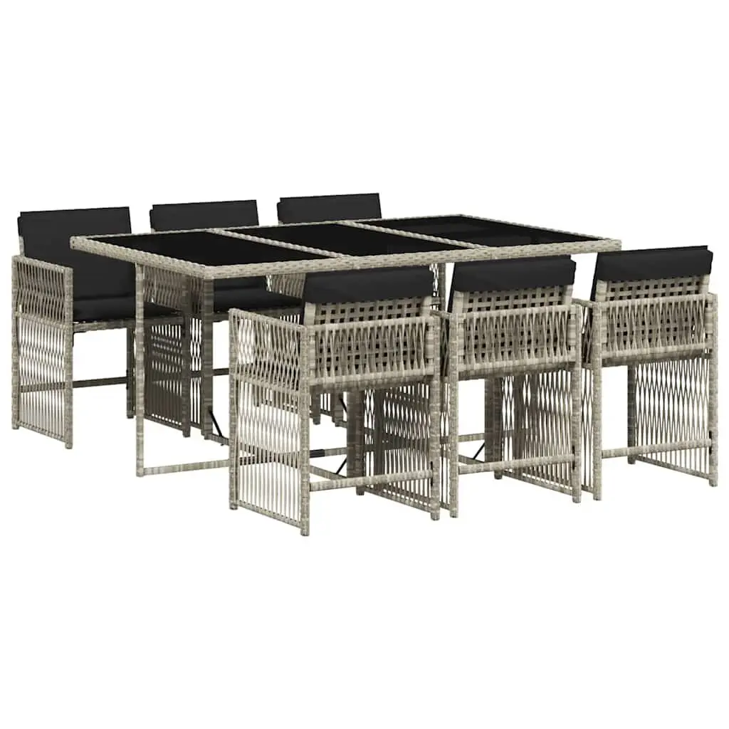 7 Piece Outdoor Furniture Dining Set Grey PE Rattan with Tempered Glass Table and Cushions