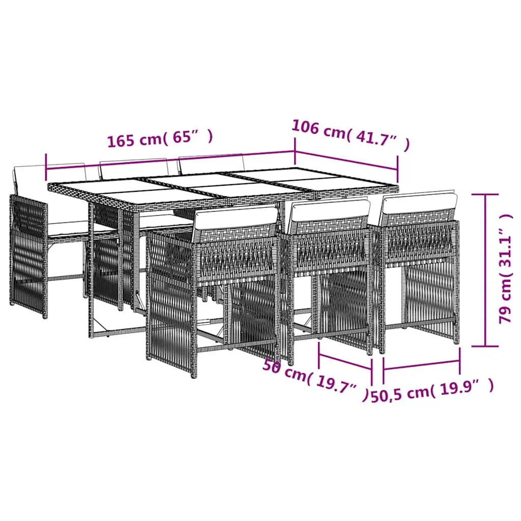 7 Piece Outdoor Furniture Dining Set Grey PE Rattan with Tempered Glass Table and Cushions