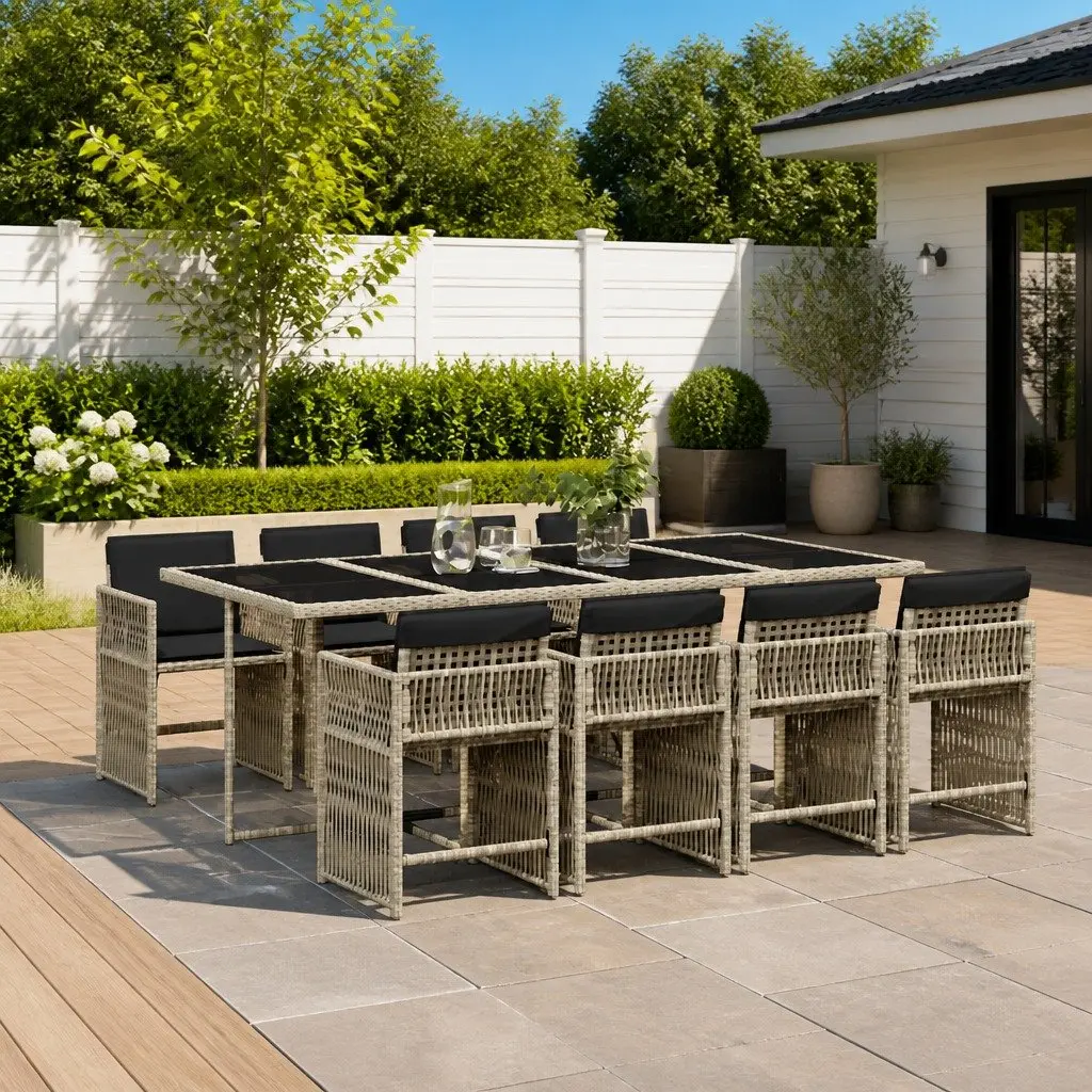 Garden Dining Set 9 Piece PE Rattan Outdoor Furniture Grey Chairs Table