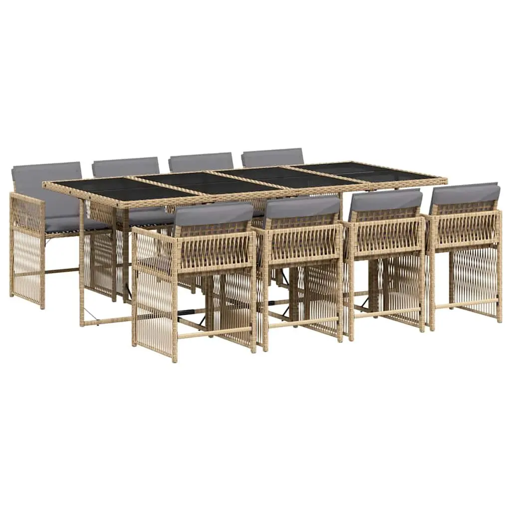 9 Piece Garden Dining Set Beige Cushioned Seating PE Rattan Outdoor Furniture with Tempered Glass Table