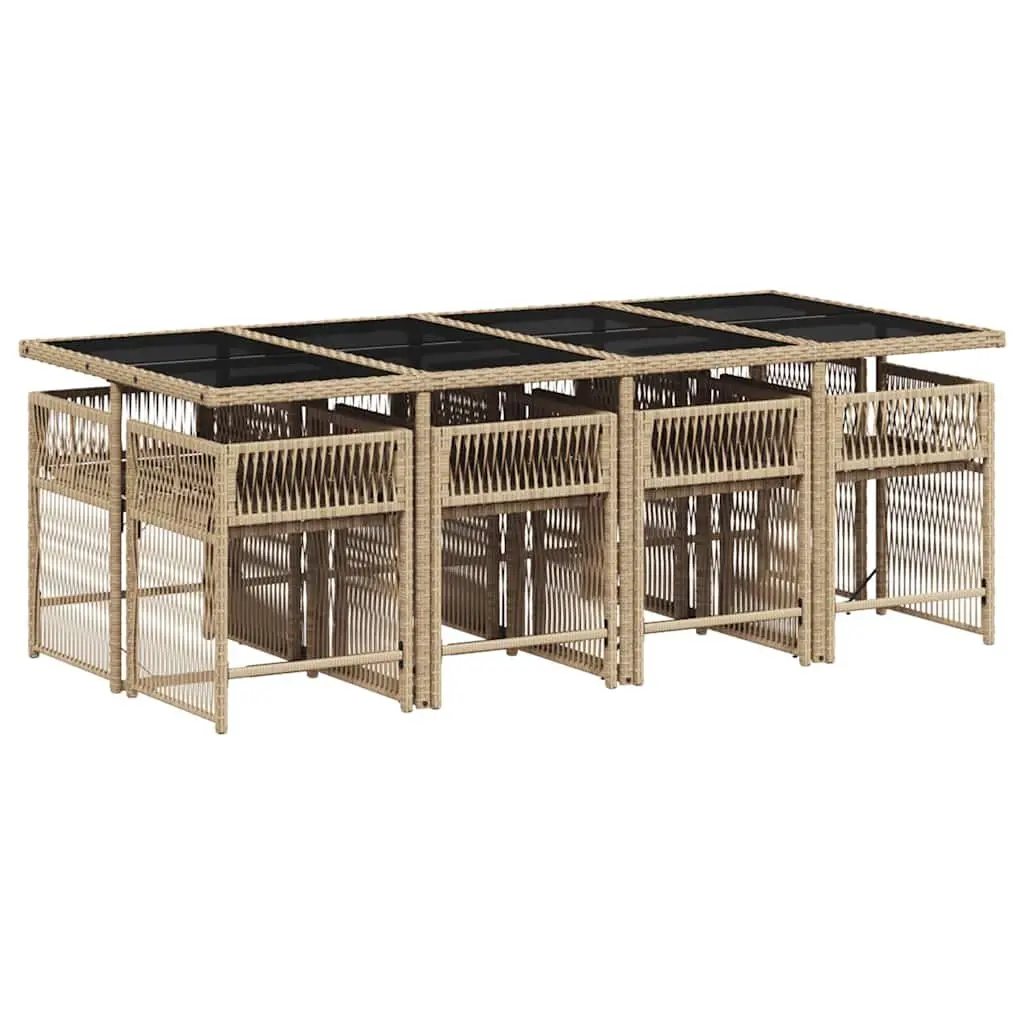 9 Piece Garden Dining Set Beige Cushioned Seating PE Rattan Outdoor Furniture with Tempered Glass Table