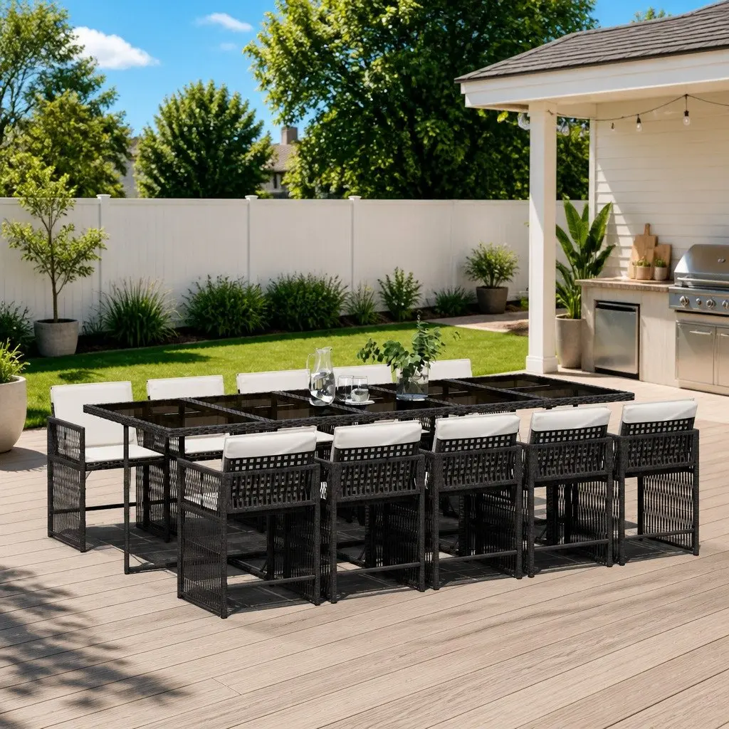 Outdoor Garden Dining Set 11 Piece PE Rattan Black Cushions Table