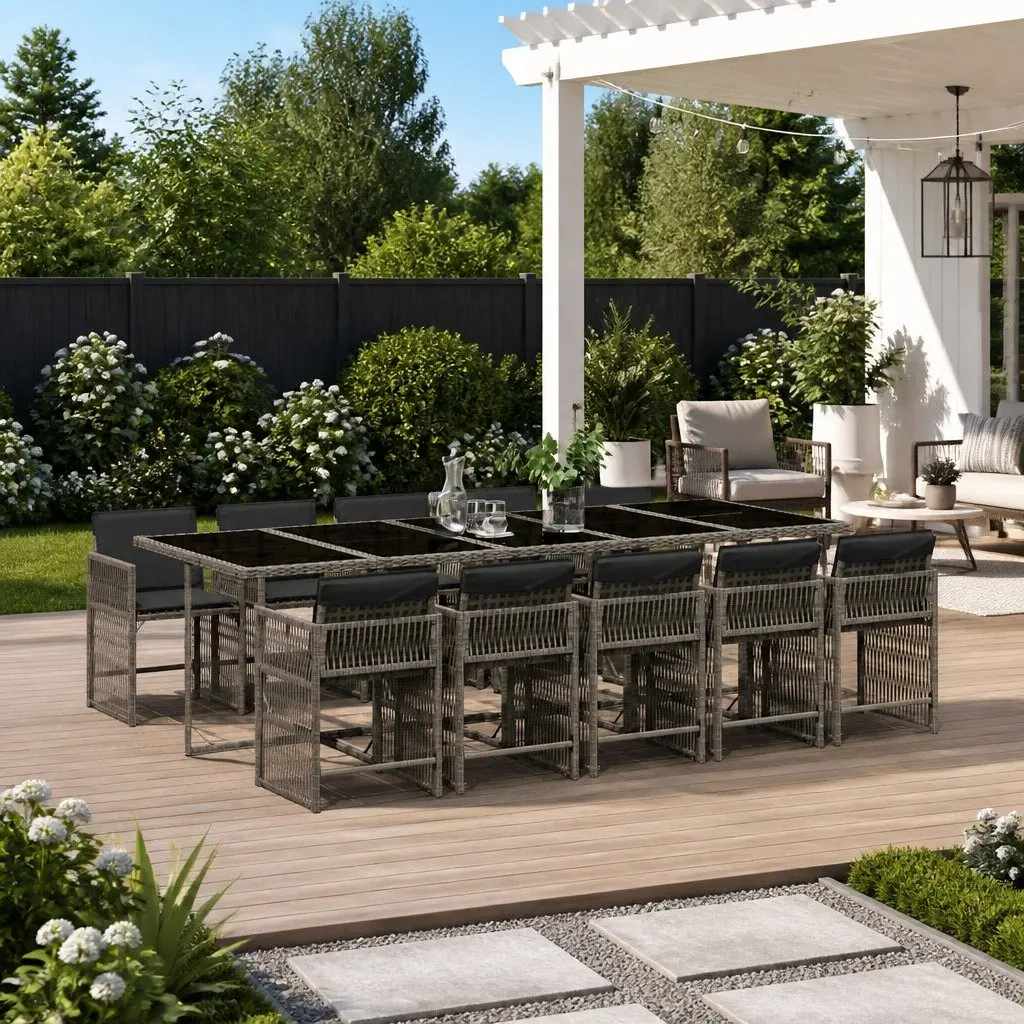 Outdoor Dining Set Grey Poly Rattan Foldable Chairs and Glass Top Table 11 Piece