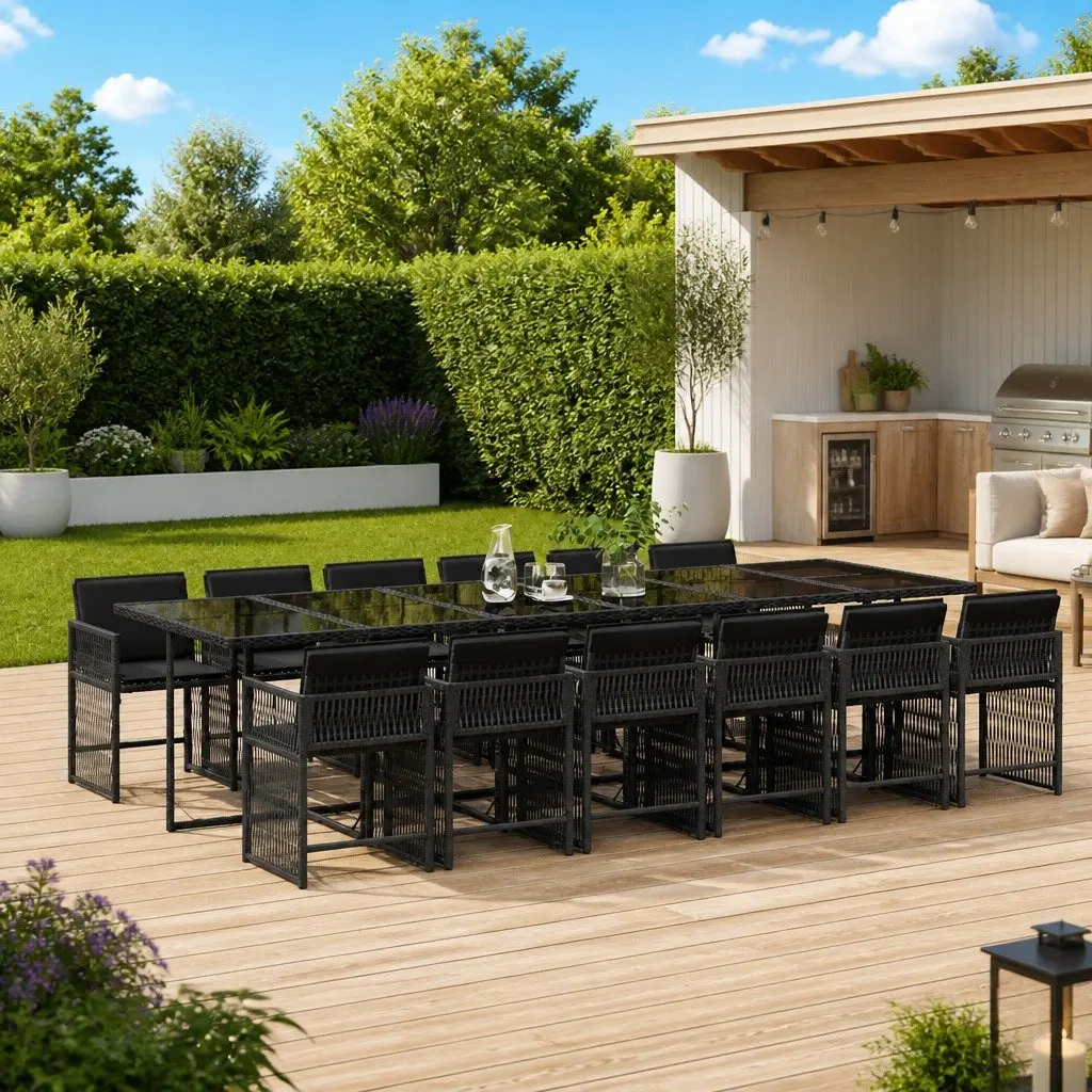 Outdoor Dining Set 13 Piece PE Poly Rattan Black Chairs Table Cushions