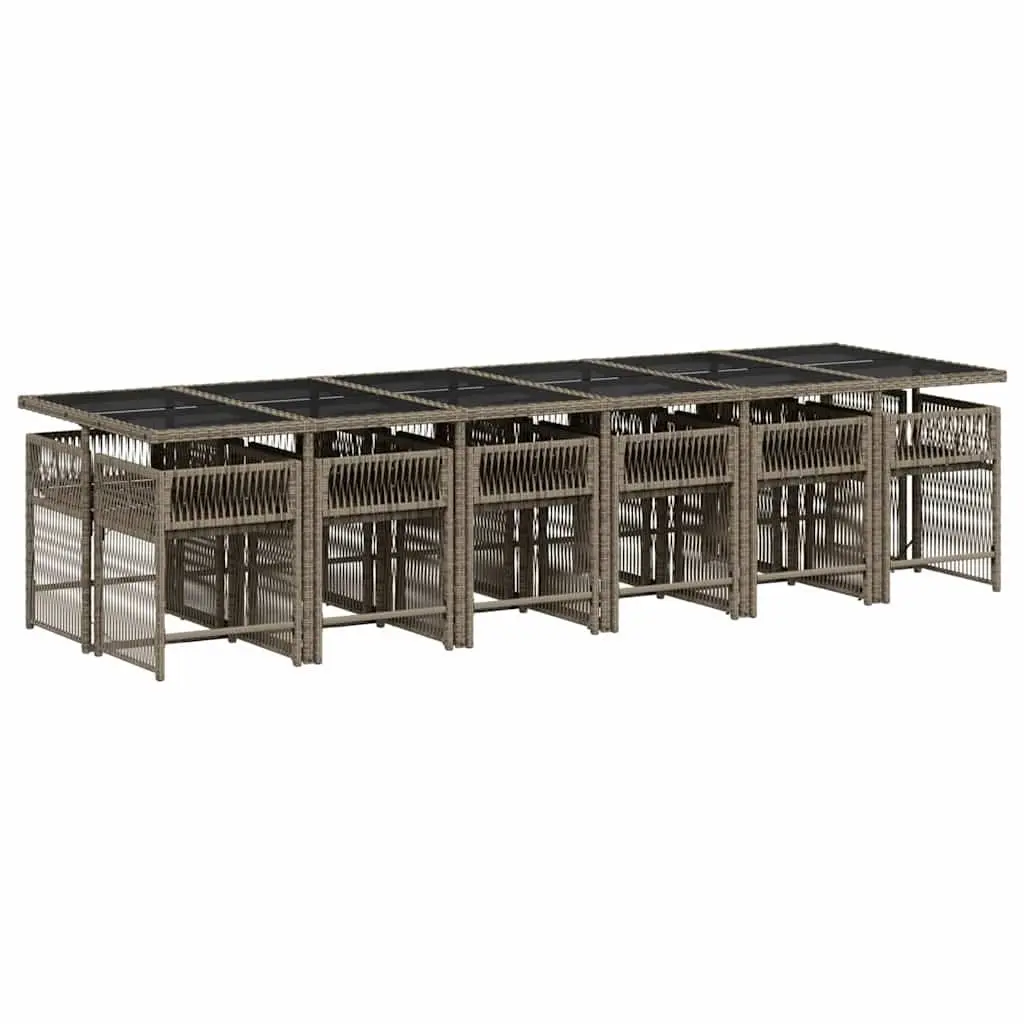 Outdoor Dining Set Grey Poly Rattan Furniture 13 Piece Cushioned Seating with Tempered Glass Table for Garden and Patio