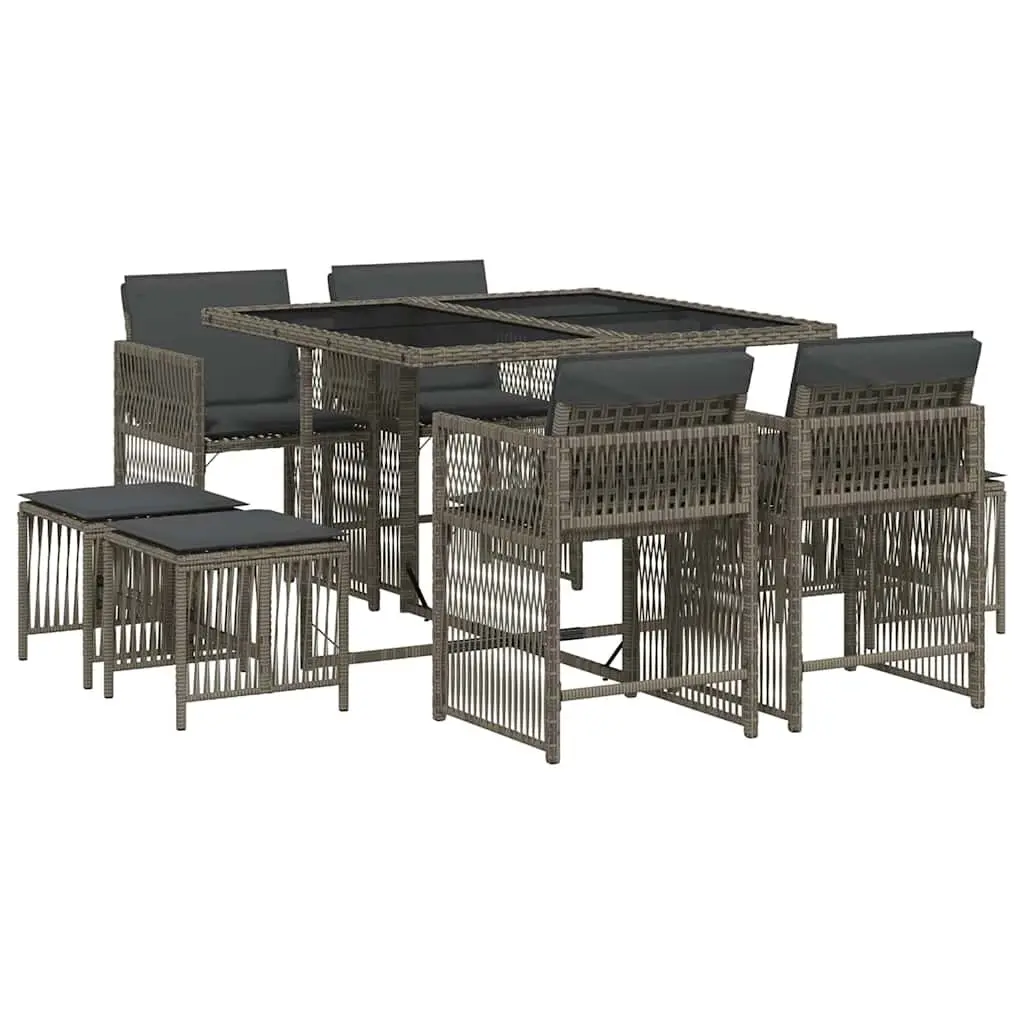 Outdoor Garden Dining Set 9 Piece Poly Rattan Grey Patio Furniture Cushions
