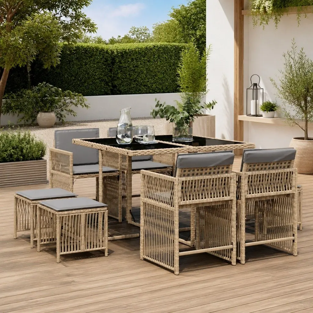 9 Piece Garden Dining Set PE Rattan with Cushions Beige Outdoor Furniture
