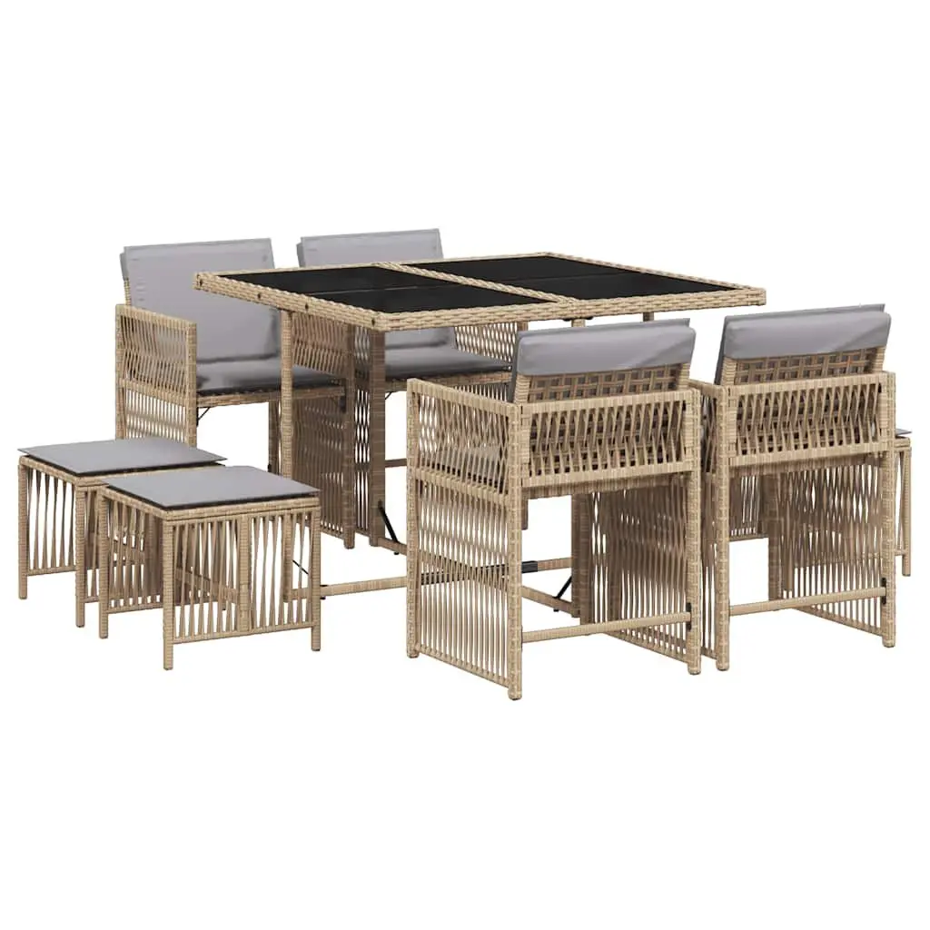 9 Piece Garden Dining Set PE Rattan with Cushions Beige Outdoor Furniture