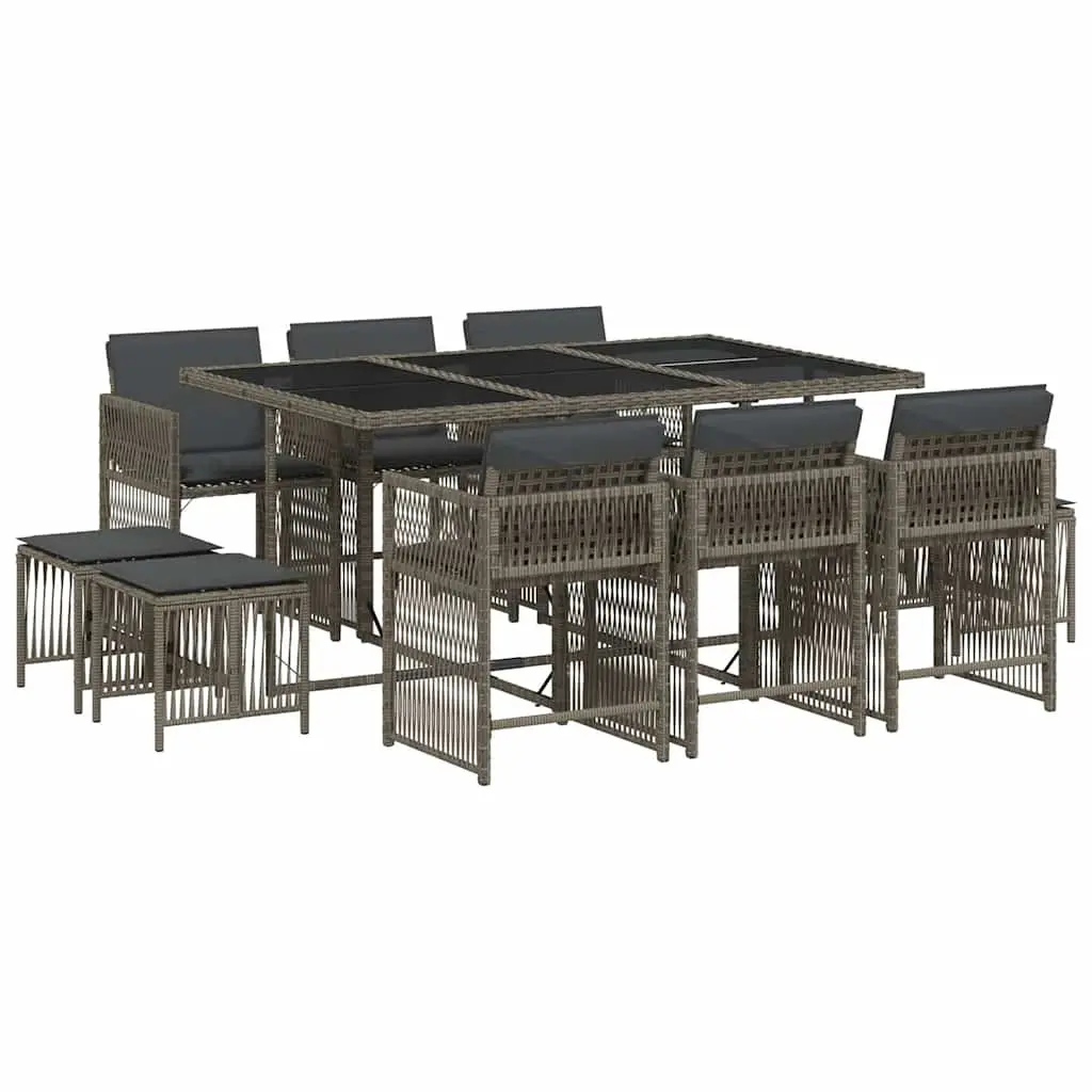 Garden Dining Set 11 Piece PE Rattan Grey Cushions Tempered Glass Top
