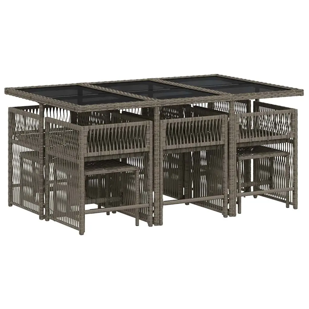 Garden Dining Set 11 Piece PE Rattan Grey Cushions Tempered Glass Top