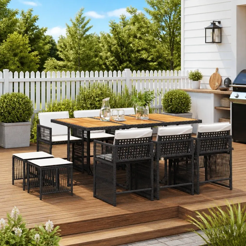 Garden Dining Set PE Rattan 11 Piece Outdoor Furniture Black Chairs Table