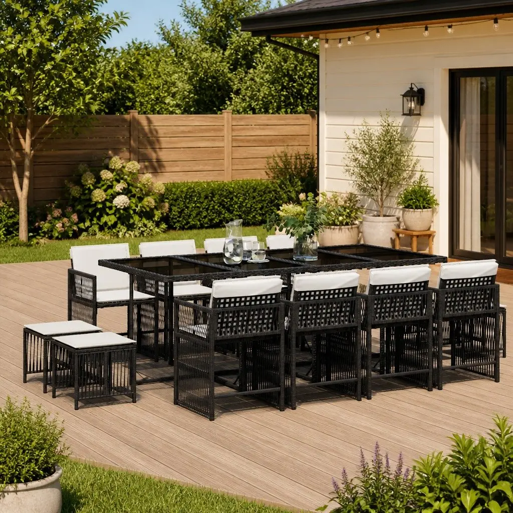Garden Dining Set 13 Piece PE Rattan Outdoor Furniture Black Table and Chairs