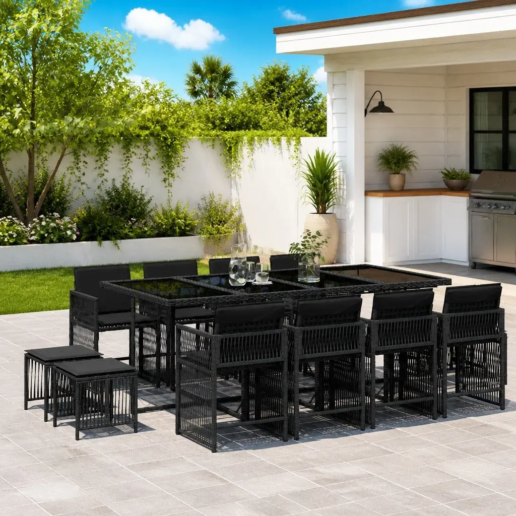 Outdoor Dining Set Poly Rattan 13 Piece Garden Furniture Black Chairs Table Cushions