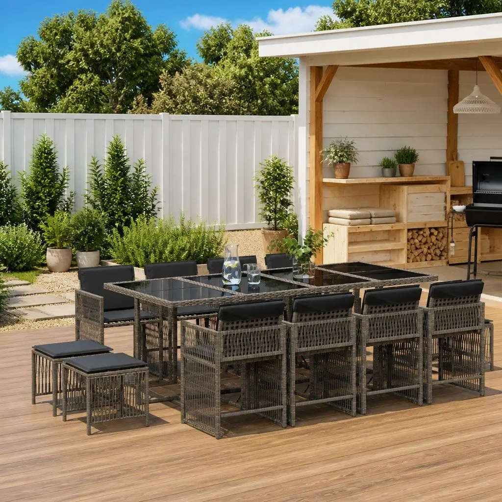 Garden Dining Set 13 Piece PE Rattan Outdoor Furniture Grey Table Chairs Cushions