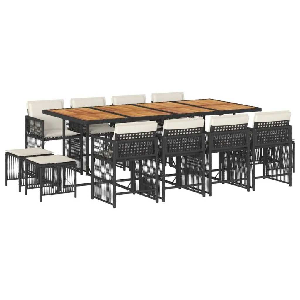 Outdoor Dining Set PE Rattan 13 Piece Garden Furniture Black with Acacia Wood Tabletop and Cushions