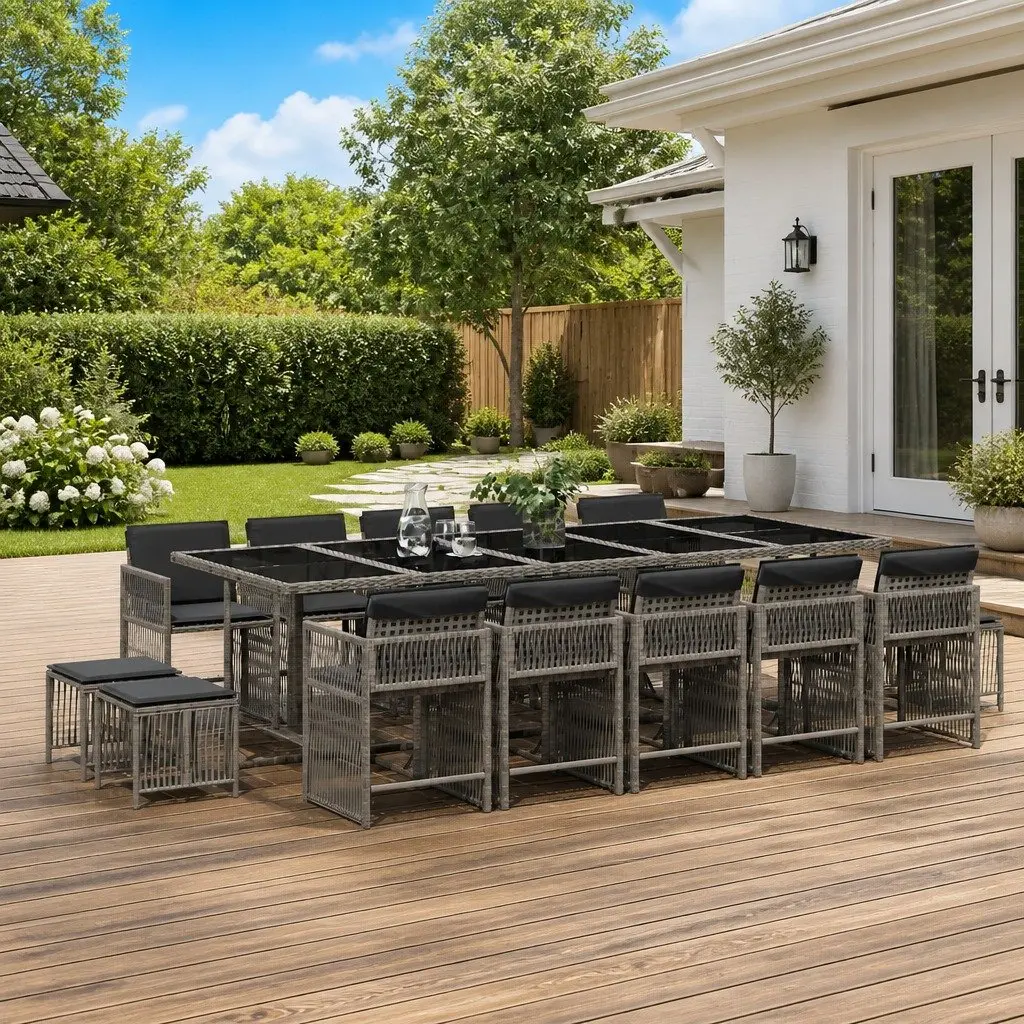 Garden Dining Set 15 Piece PE Rattan Outdoor Furniture Grey Tempered Glass Table Chairs