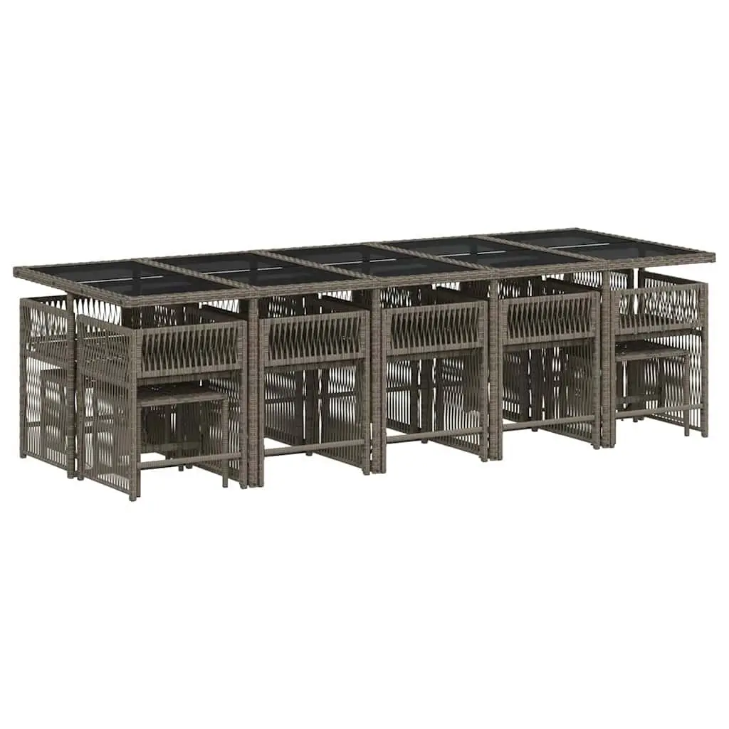Garden Dining Set 15 Piece PE Rattan Outdoor Furniture Grey Tempered Glass Table Chairs