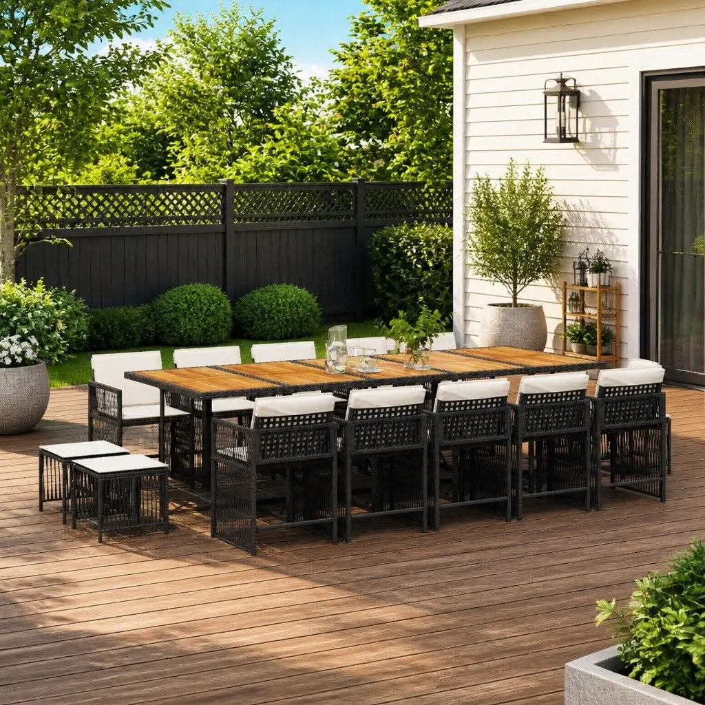 Outdoor Garden Dining Set 15 Piece Black PE Rattan Chairs Table with Cushions