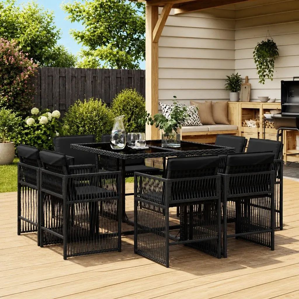 Garden Dining Set 9 Piece PE Rattan Black Cushions Table Outdoor Patio