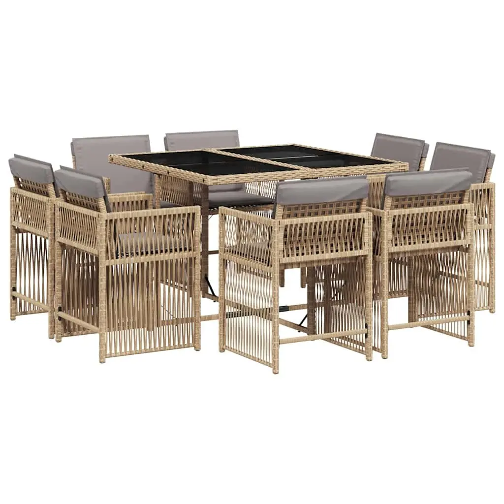9 Piece Outdoor Garden Dining Set Poly Rattan Beige Cushions Table