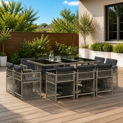 Outdoor Garden Dining Set 11 Piece Grey Poly Rattan Furniture with Cushions