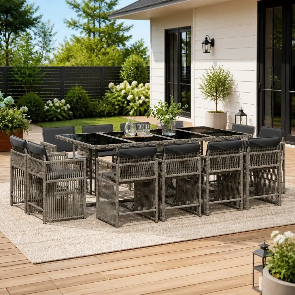 Garden Dining Set 13 Pieces Grey Poly Rattan with Cushions Folding Chairs Glass Table