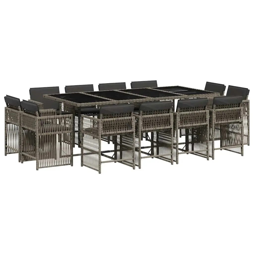 Garden Dining Set 13 Pieces Grey Poly Rattan with Cushions Folding Chairs Glass Table