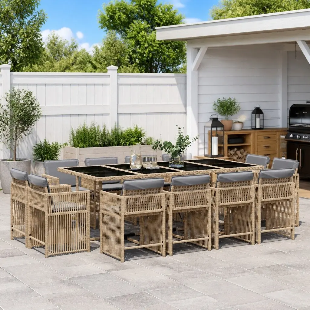 Beige Poly Rattan Outdoor Patio Furniture Set 13 Piece Garden Dining Set with Foldable Chairs Thick Cushions and Tempered Glass Tabletop
