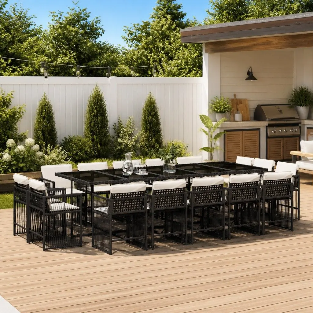 Outdoor Dining Set 15 Pieces Black Poly Rattan Garden Furniture with Cushions