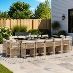 Outdoor Garden Dining Set 15 Piece Patio Furniture with Cushions Beige Poly