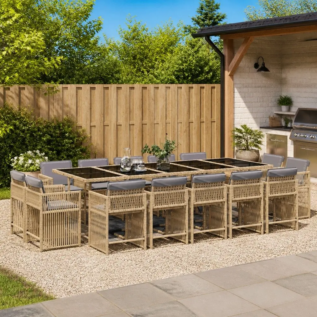 Outdoor Dining Set 15 Piece Furniture with Cushions Beige Rattan Construction Tempered Glass Tabletop