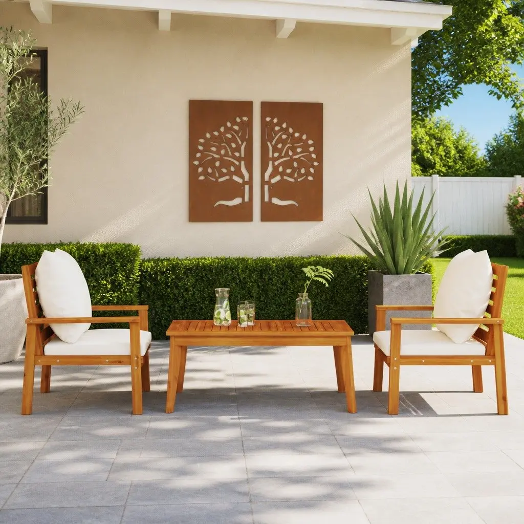 3 Piece Garden Lounge Set with Cushions Solid Wood Acacia Brown Outdoor Patio