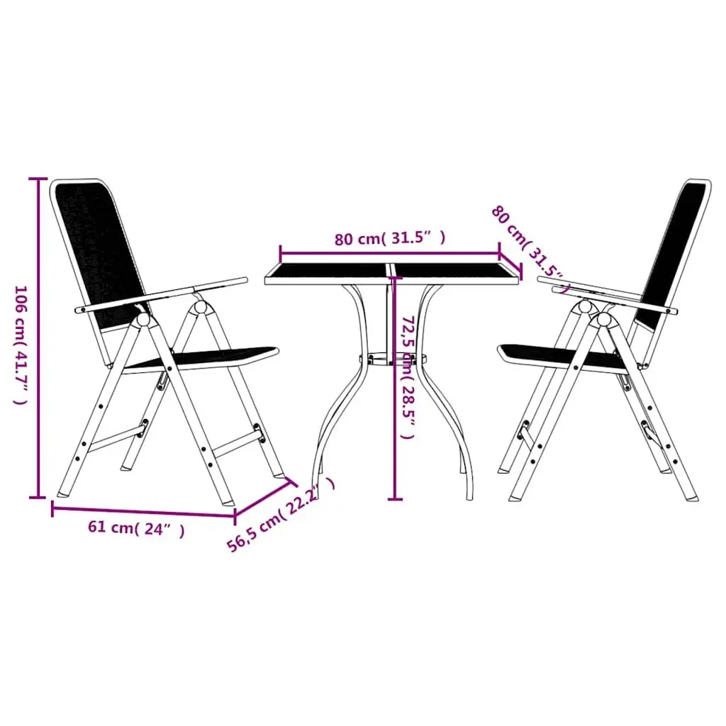 Outdoor Furniture Set 3 Piece Anthracite Metal Mesh Dining Table and Foldable Chairs with Adjustable Backrests