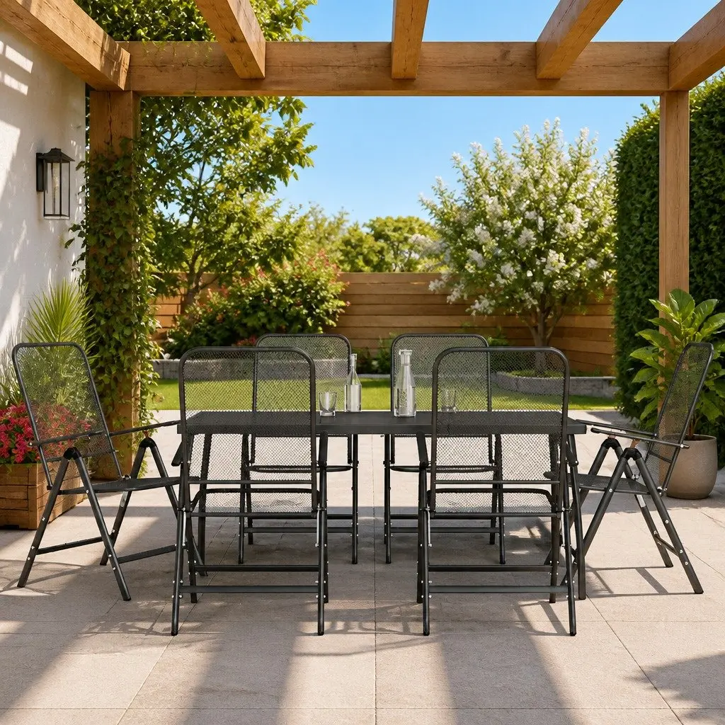 Garden Dining Set 7 Piece Outdoor Furniture Metal Mesh Anthracite Foldable