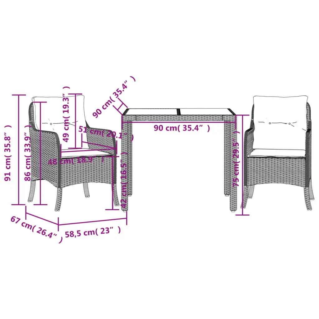 Outdoor Dining Set PE Rattan 3 Piece Black with Cushions