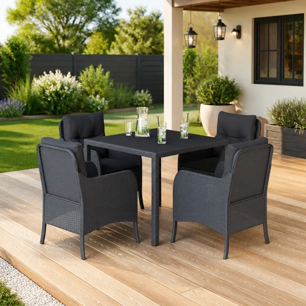 5 Piece Garden Dining Set Black PE Rattan with Cushions and Tempered Glass Table