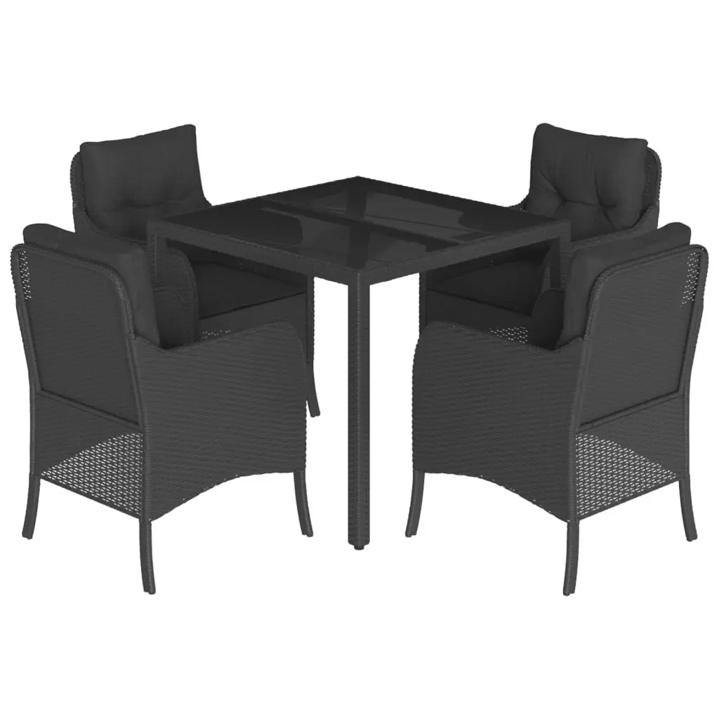 5 Piece Garden Dining Set Black PE Rattan with Cushions and Tempered Glass Table