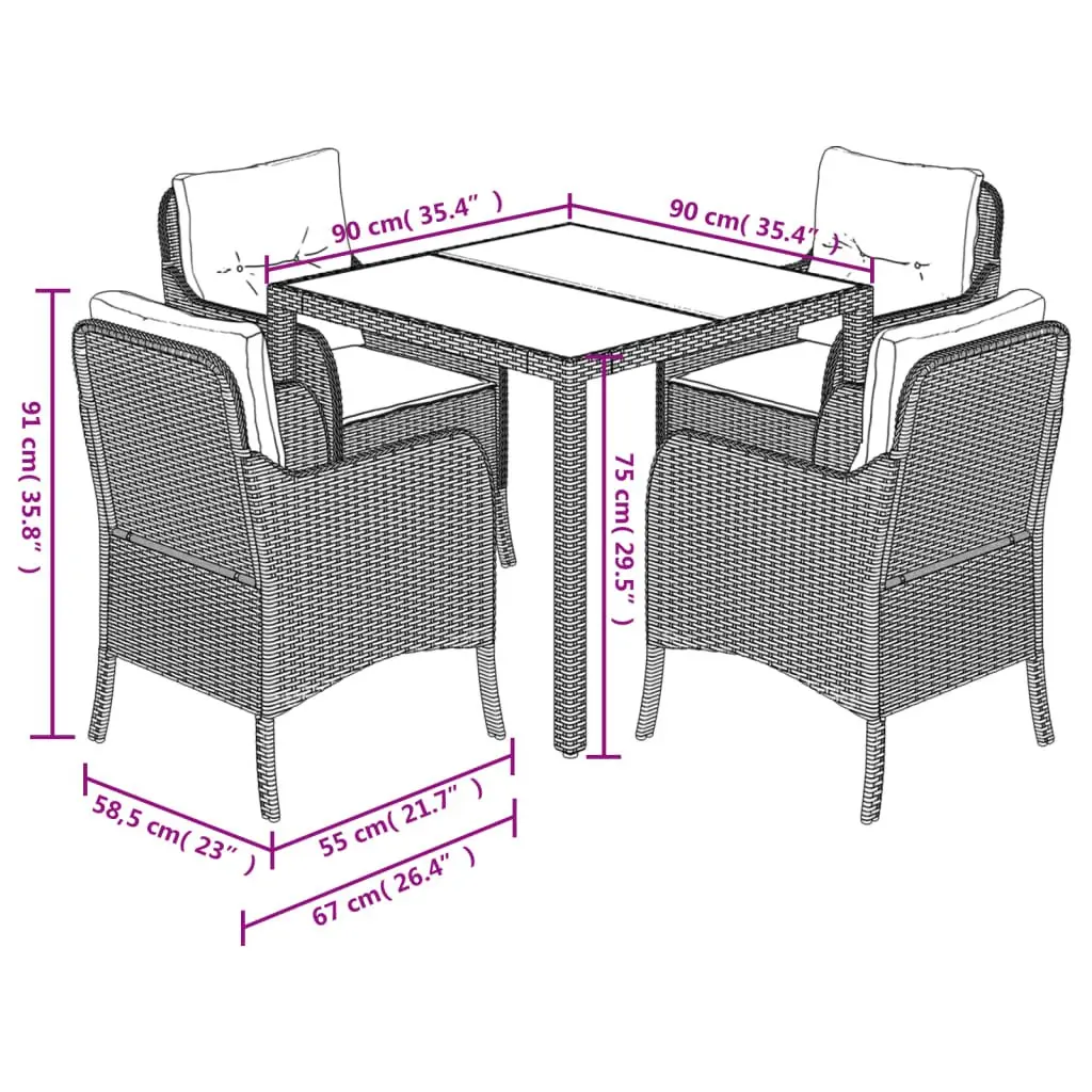5 Piece Garden Dining Set Black PE Rattan with Cushions and Tempered Glass Table