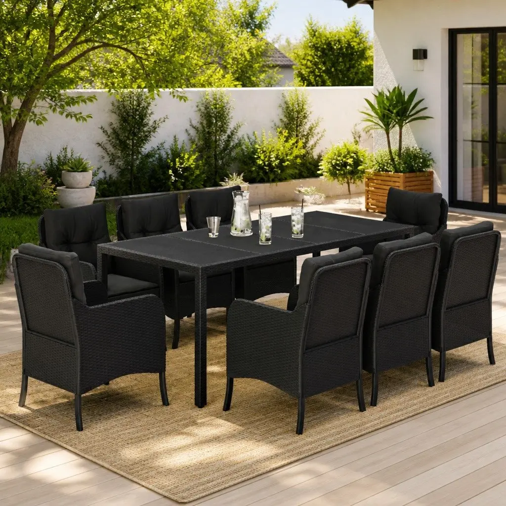 9 Piece Black Patio Dining Set for Outdoor Use