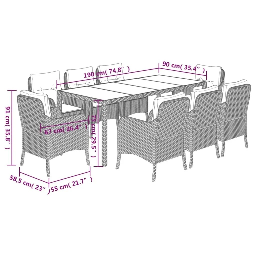 Outdoor Dining Set 9 Piece Grey Poly Rattan Garden Furniture with Cushions