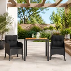 Outdoor Garden Dining Set 3 Piece Black Poly Rattan Table Chairs with Cushions