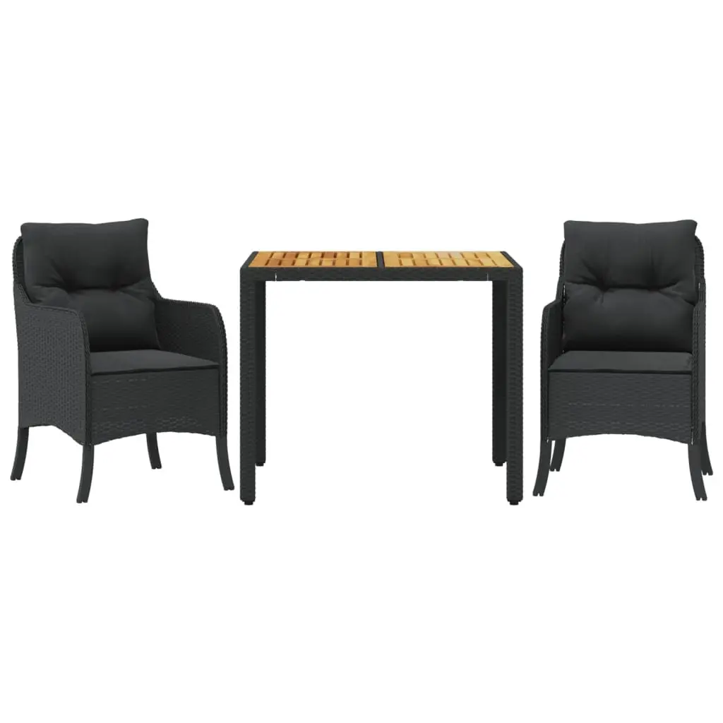 Outdoor Garden Dining Set PE Rattan Frame Acacia Wood Table Black 3 Piece with Cushions