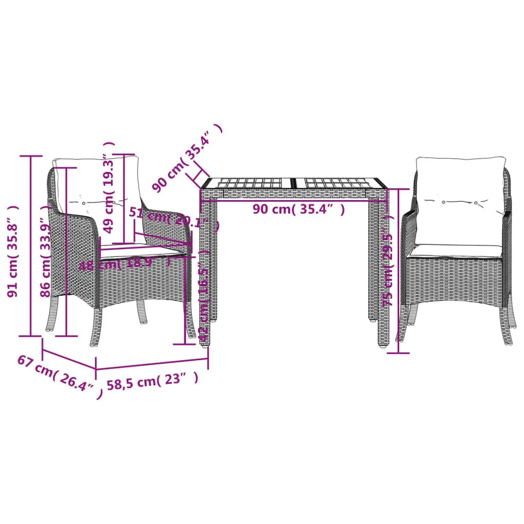 Outdoor Garden Dining Set PE Rattan Frame Acacia Wood Table Black 3 Piece with Cushions